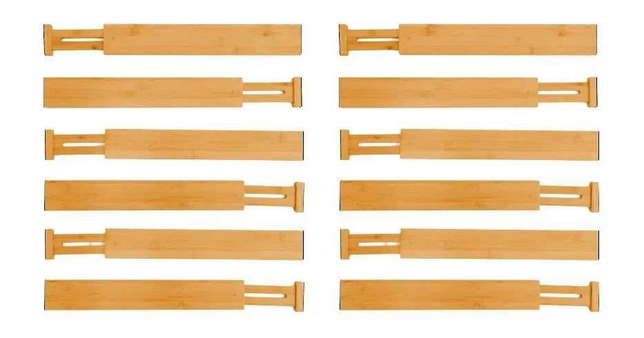 12 Pack Adjustable Bamboo Kitchen Drawer Dividers, 44-55 cm