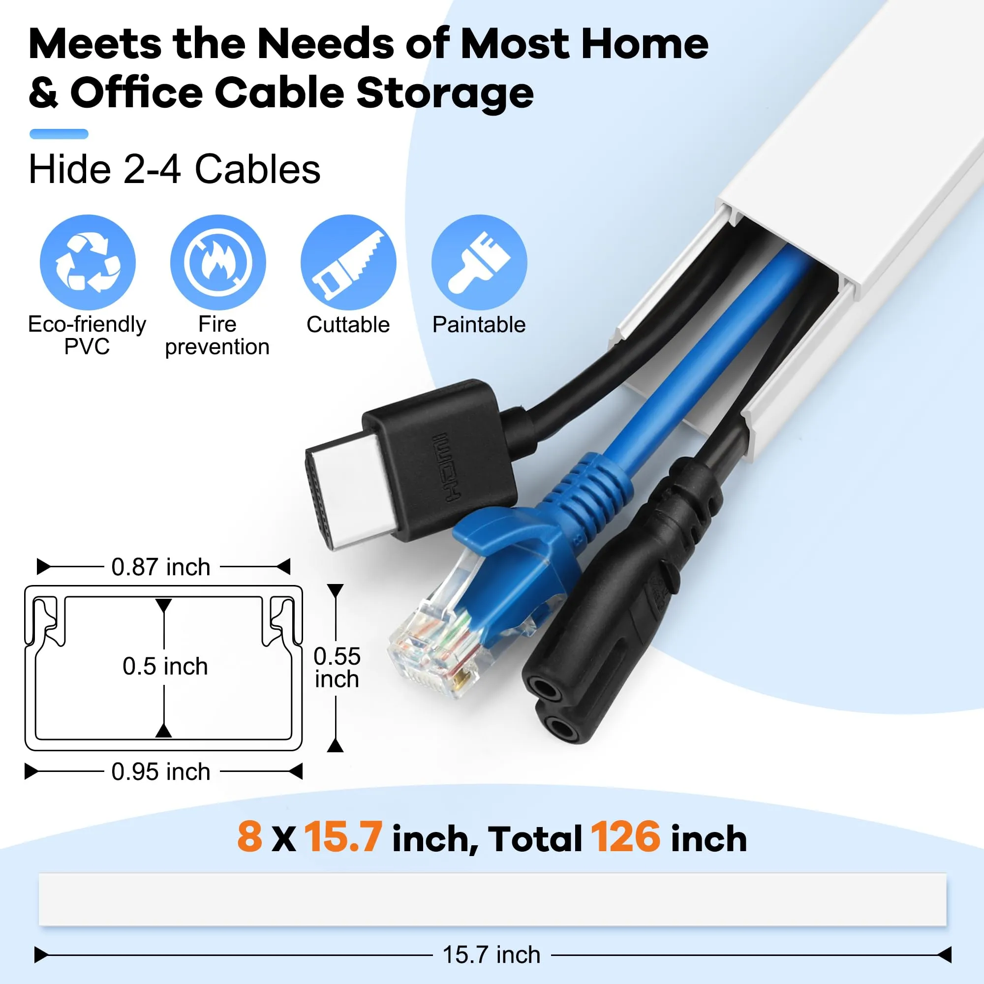 126in Cord Hider Kit, ZhiYo Cord Covers for Wall Mounted TV, Paintable Wire Cover for Cords, TV Cable Hider Wall Kit, Wall Cord Concealer, Cable Cover Wall Wire Management, 8xL15.7in W0.95in H0.55in