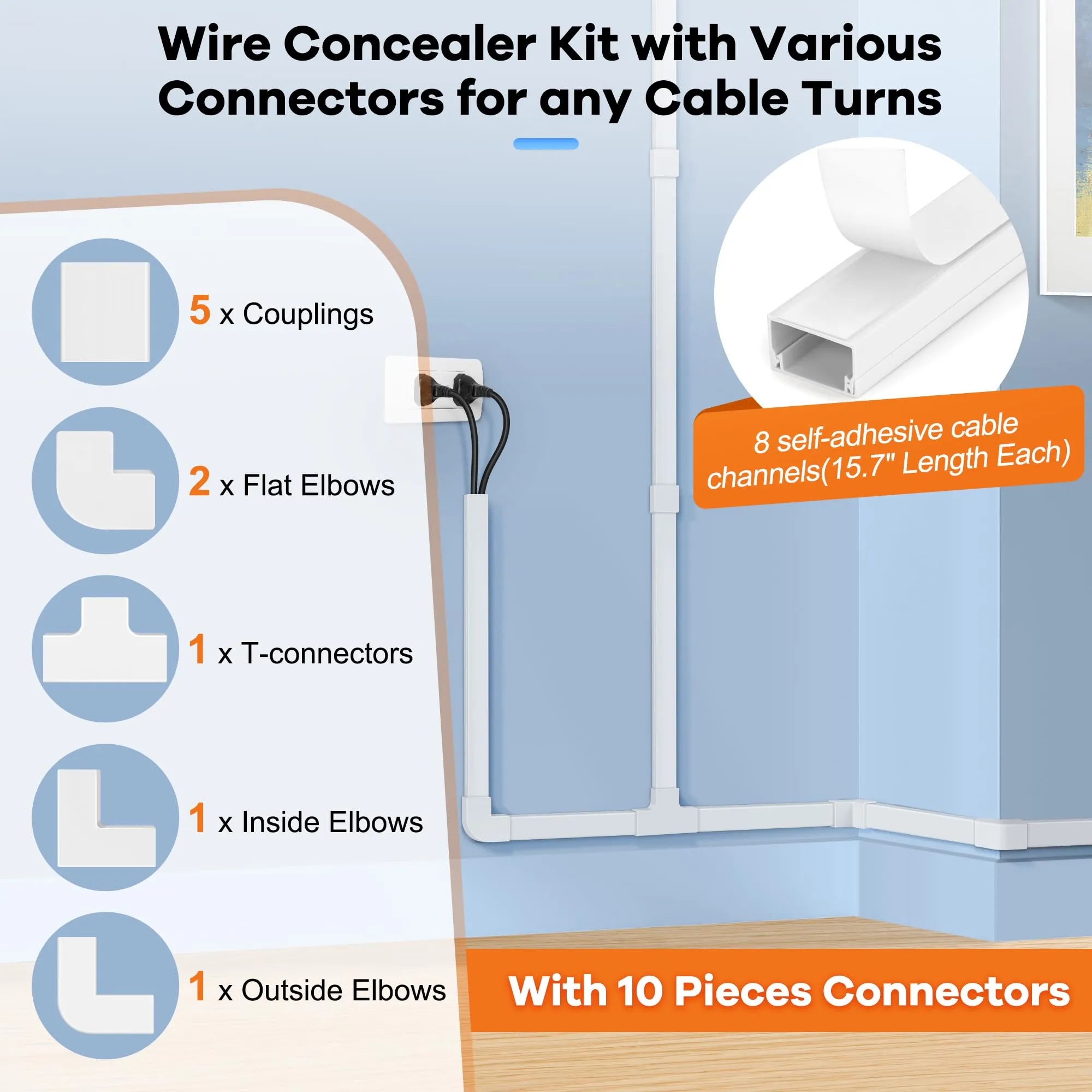 126in Cord Hider Kit, ZhiYo Cord Covers for Wall Mounted TV, Paintable Wire Cover for Cords, TV Cable Hider Wall Kit, Wall Cord Concealer, Cable Cover Wall Wire Management, 8xL15.7in W0.95in H0.55in