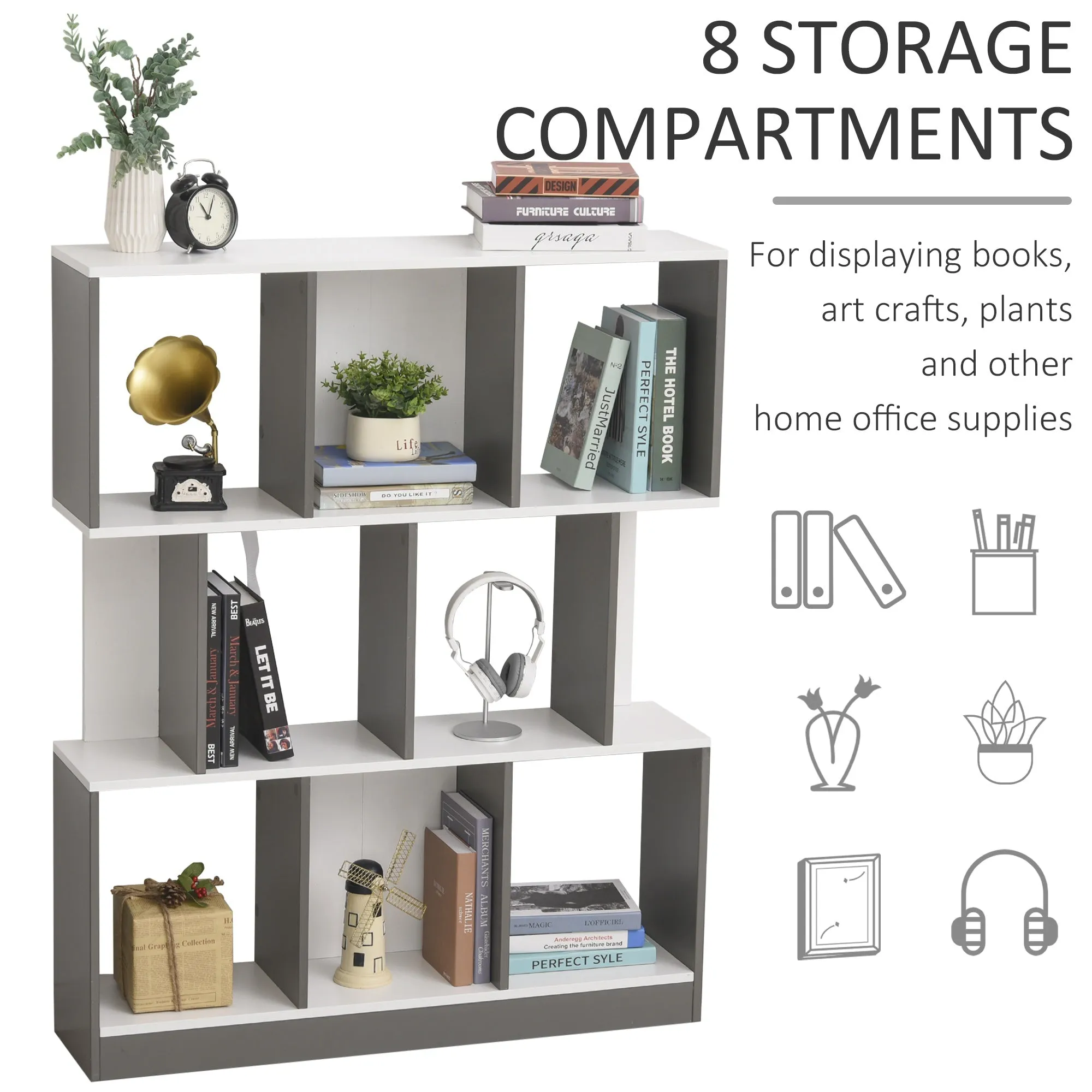 3-Tier Multifunctional Bookcase - Grey White