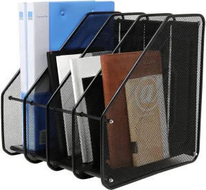 4 Compartment, Black Metal Mesh Document and File Organizer Rack, Heavy Duty Magazine Holder