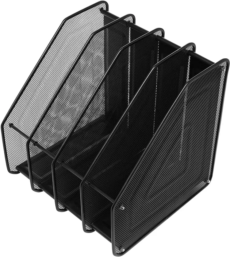 4 Compartment, Black Metal Mesh Document and File Organizer Rack, Heavy Duty Magazine Holder