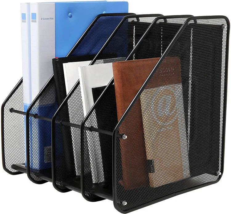 4 Compartment, Black Metal Mesh Document and File Organizer Rack, Heavy Duty Magazine Holder