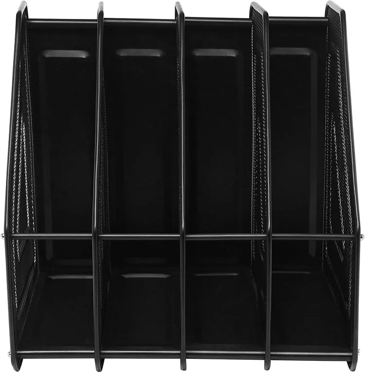 4 Compartment, Black Metal Mesh Document and File Organizer Rack, Heavy Duty Magazine Holder