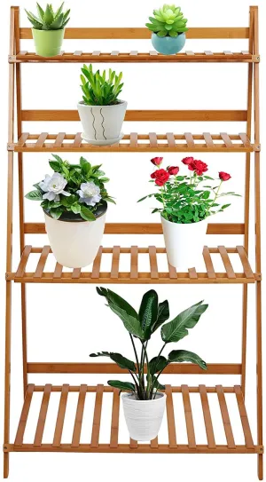 4 Tier Plant Stand Shelf Rack Bamboo Folding Ladder Potted Holder Display Shelving Indoor Flower Organizer Outdoor Patio Lawn Garden Balcony
