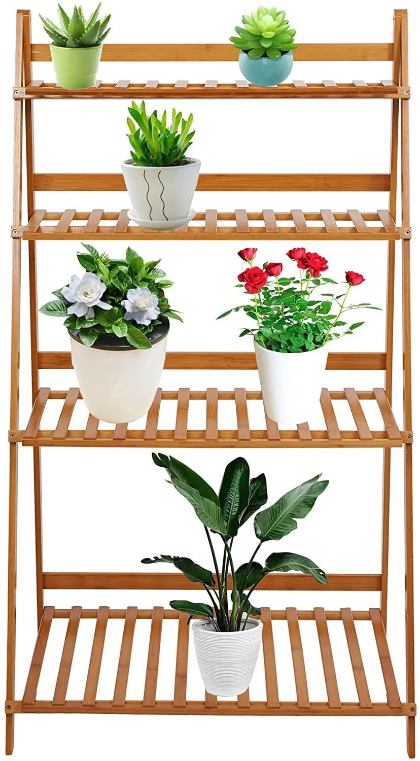 4 Tier Plant Stand Shelf Rack Bamboo Folding Ladder Potted Holder Display Shelving Indoor Flower Organizer Outdoor Patio Lawn Garden Balcony