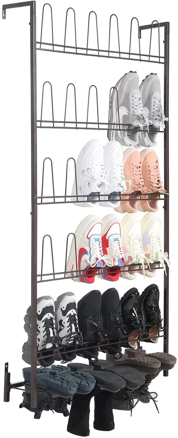 5-Tier Wall Mounted Dark Brown Metal 18 Pair Boot and Shoe Storage Rack Organizer Stand