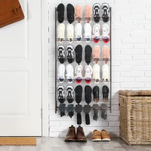 5-Tier Wall Mounted Dark Brown Metal 18 Pair Boot and Shoe Storage Rack Organizer Stand