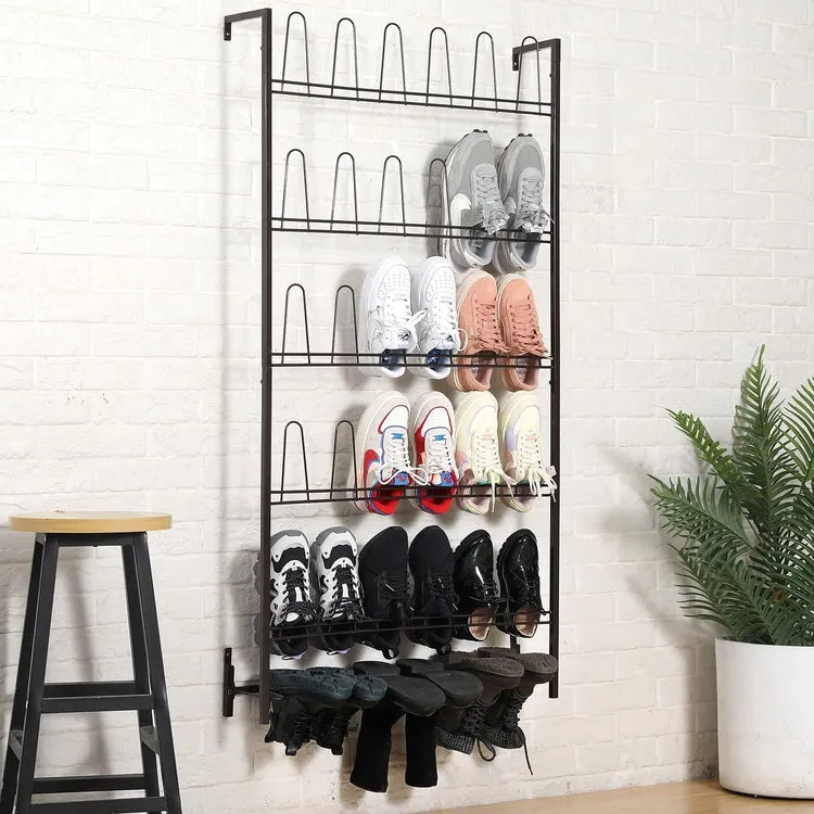 5-Tier Wall Mounted Dark Brown Metal 18 Pair Boot and Shoe Storage Rack Organizer Stand