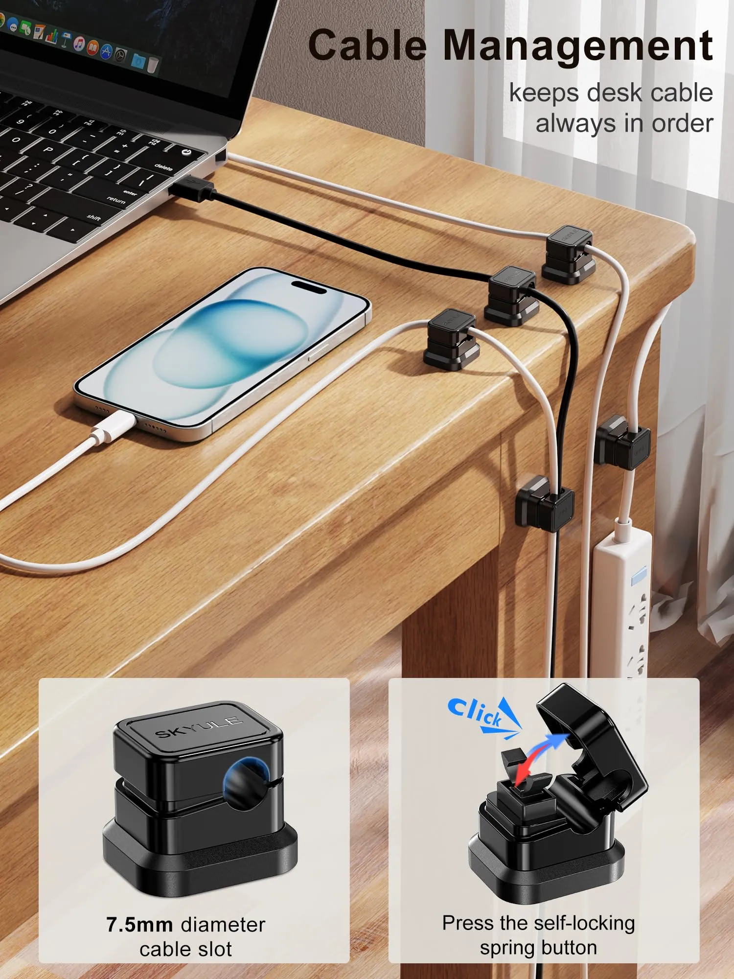 6 Pack Cord Organizers, Y-Shape Locking Switch Cable Holders, SKYULE Desk Cable Management Clips, Adhesive Wire Holder Organizer for Office, Car, Kitchen and Workspace (Black)