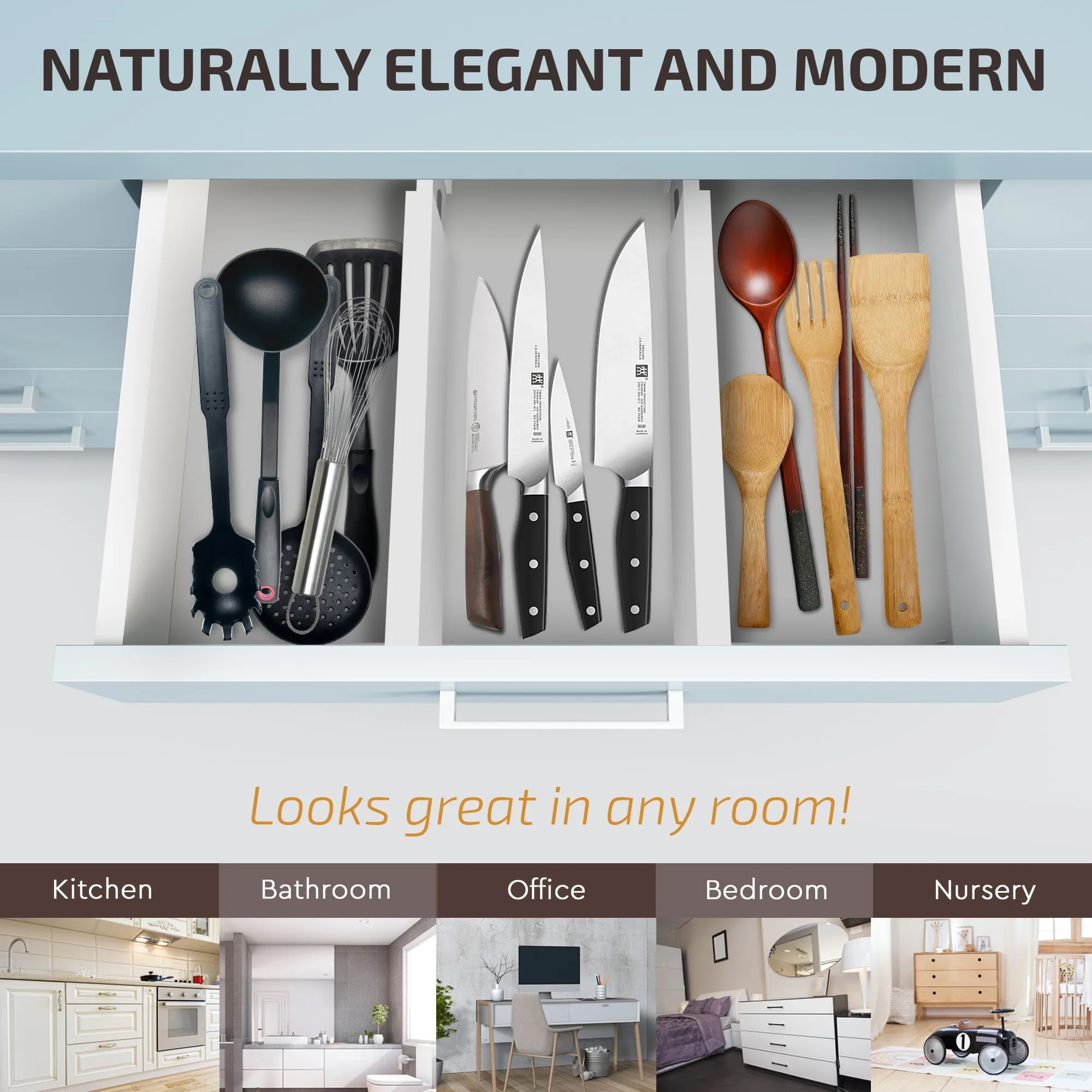 Bamboo Adjustable Drawer Dividers Organizers - Large Expandable Utensil Organizer Separators for Kitchen, Dresser, Bedroom, Baby Drawer, Bathroom & Office, Set of 4 (2.6 Tall, 13-17.5 Inch)
