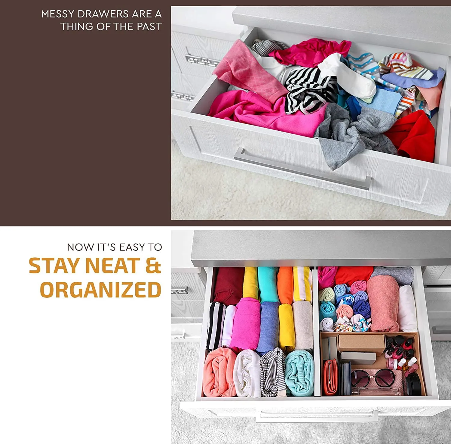 Bamboo Adjustable Drawer Dividers Organizers - Large Expandable Utensil Organizer Separators for Kitchen, Dresser, Bedroom, Baby Drawer, Bathroom & Office, Set of 4 (2.6 Tall, 13-17.5 Inch)