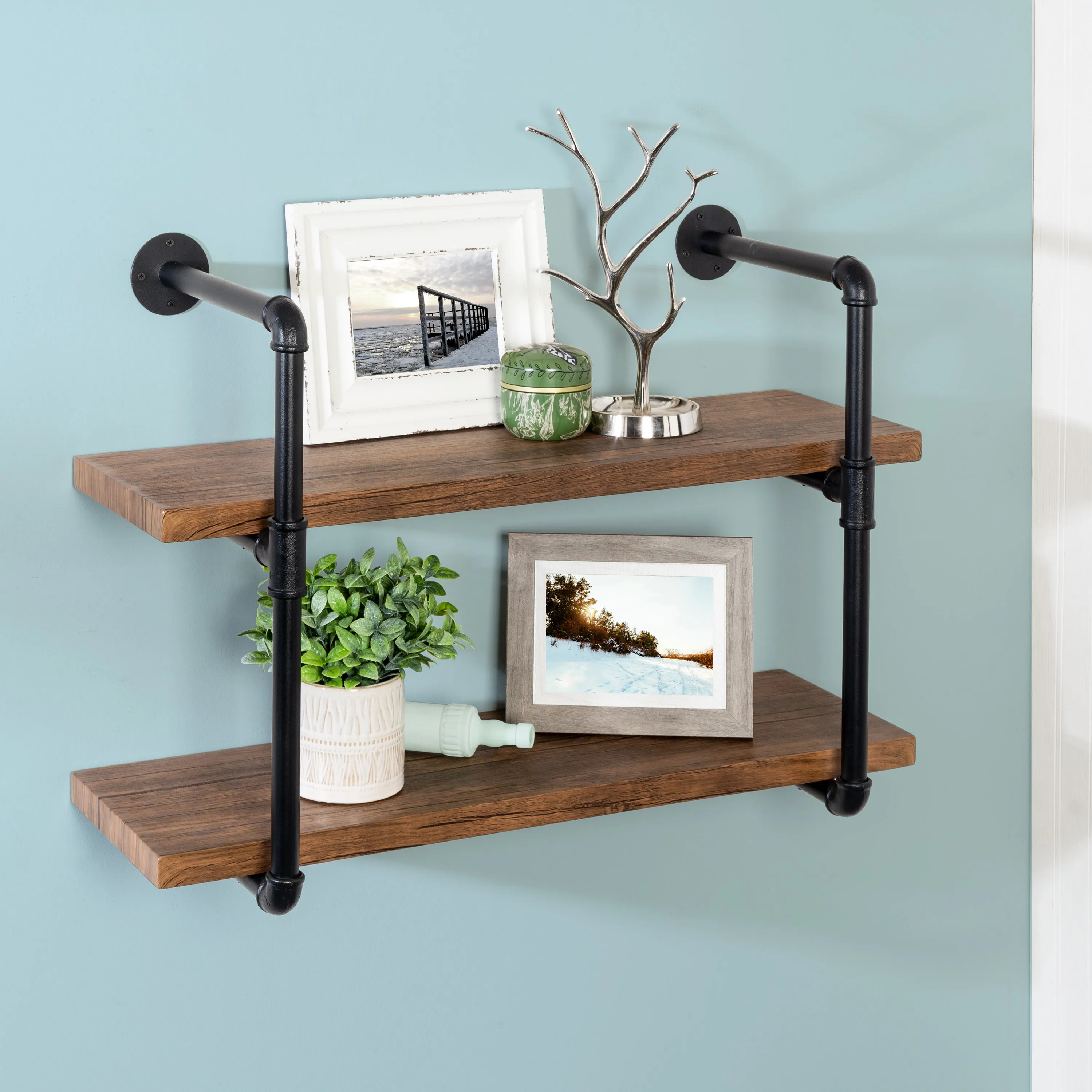 Black/Rustic 2-Tier Industrial Wall Shelf