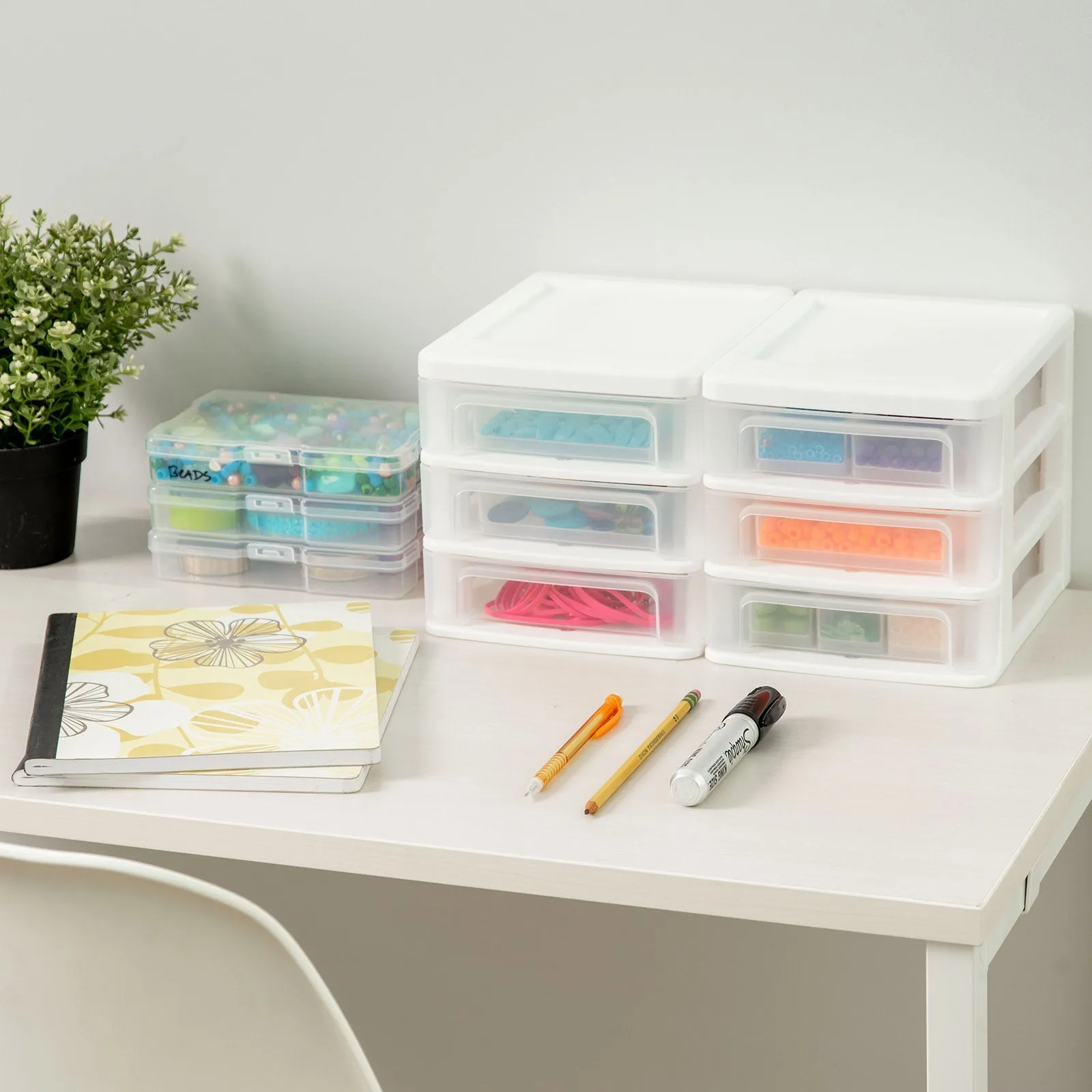 Compact Desktop 3-Drawer System, 4 Pack, White