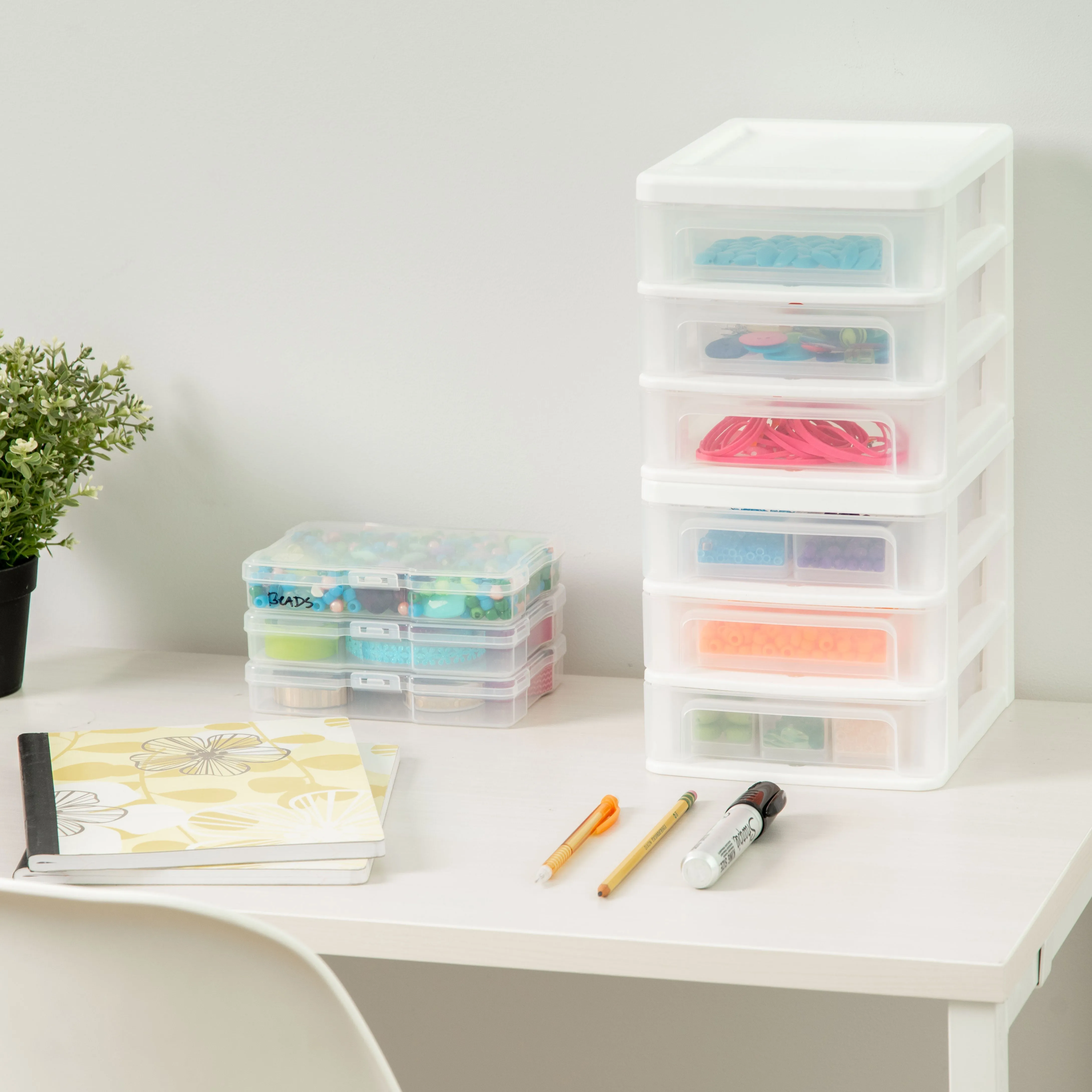 Compact Desktop 3-Drawer System, 4 Pack, White