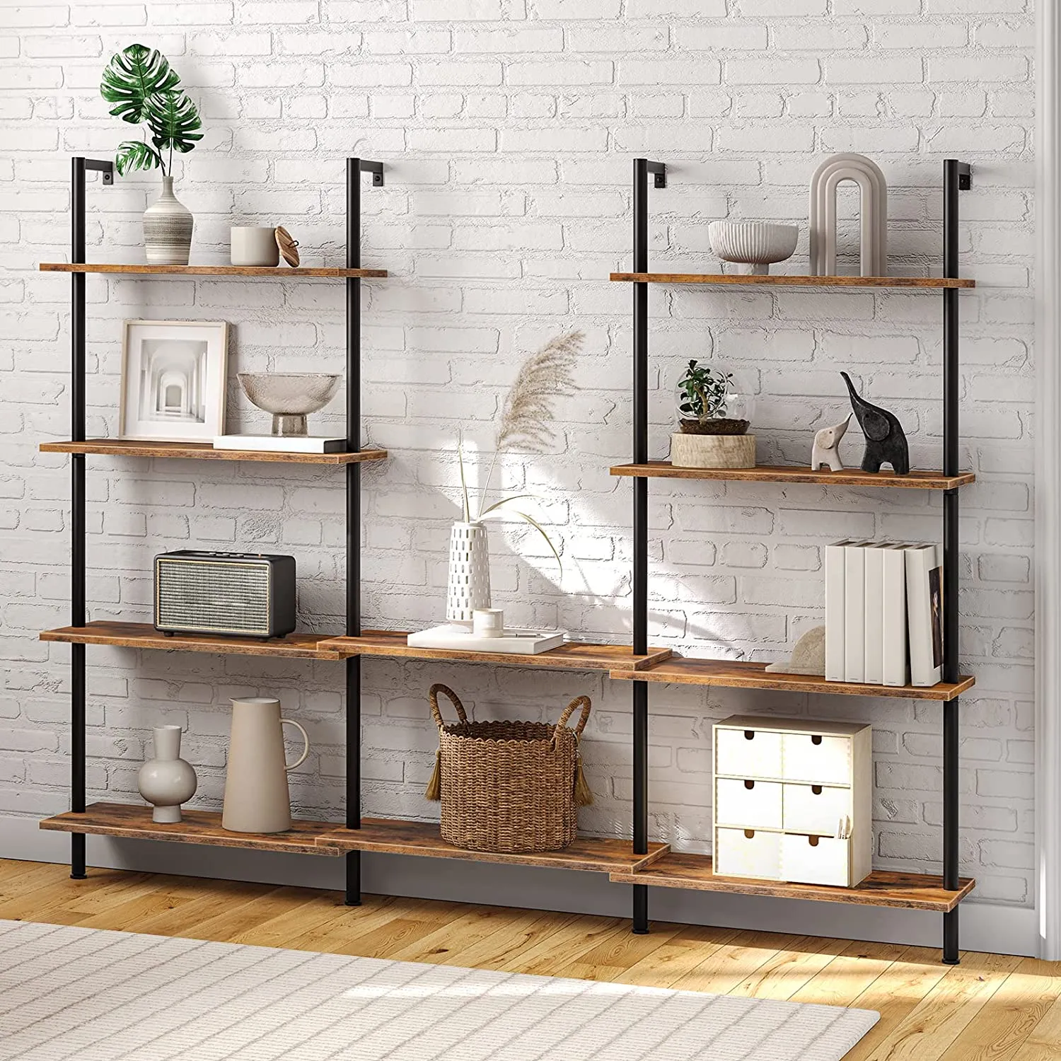 DIY Ladder Shelf, 5-Tier Wall Mounted Bookshelf, Office Vertical Bookcase, Wooden Storage Shelves