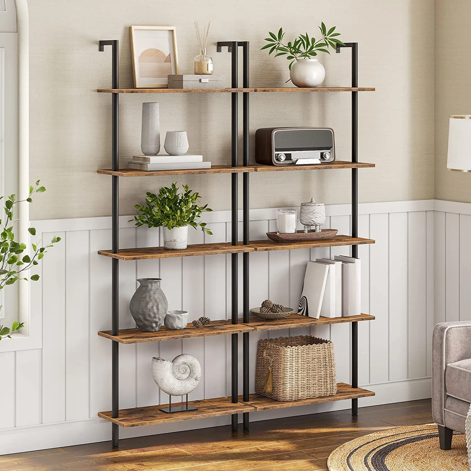 DIY Ladder Shelf, 5-Tier Wall Mounted Bookshelf, Office Vertical Bookcase, Wooden Storage Shelves