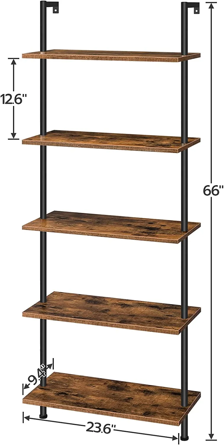 DIY Ladder Shelf, 5-Tier Wall Mounted Bookshelf, Office Vertical Bookcase, Wooden Storage Shelves