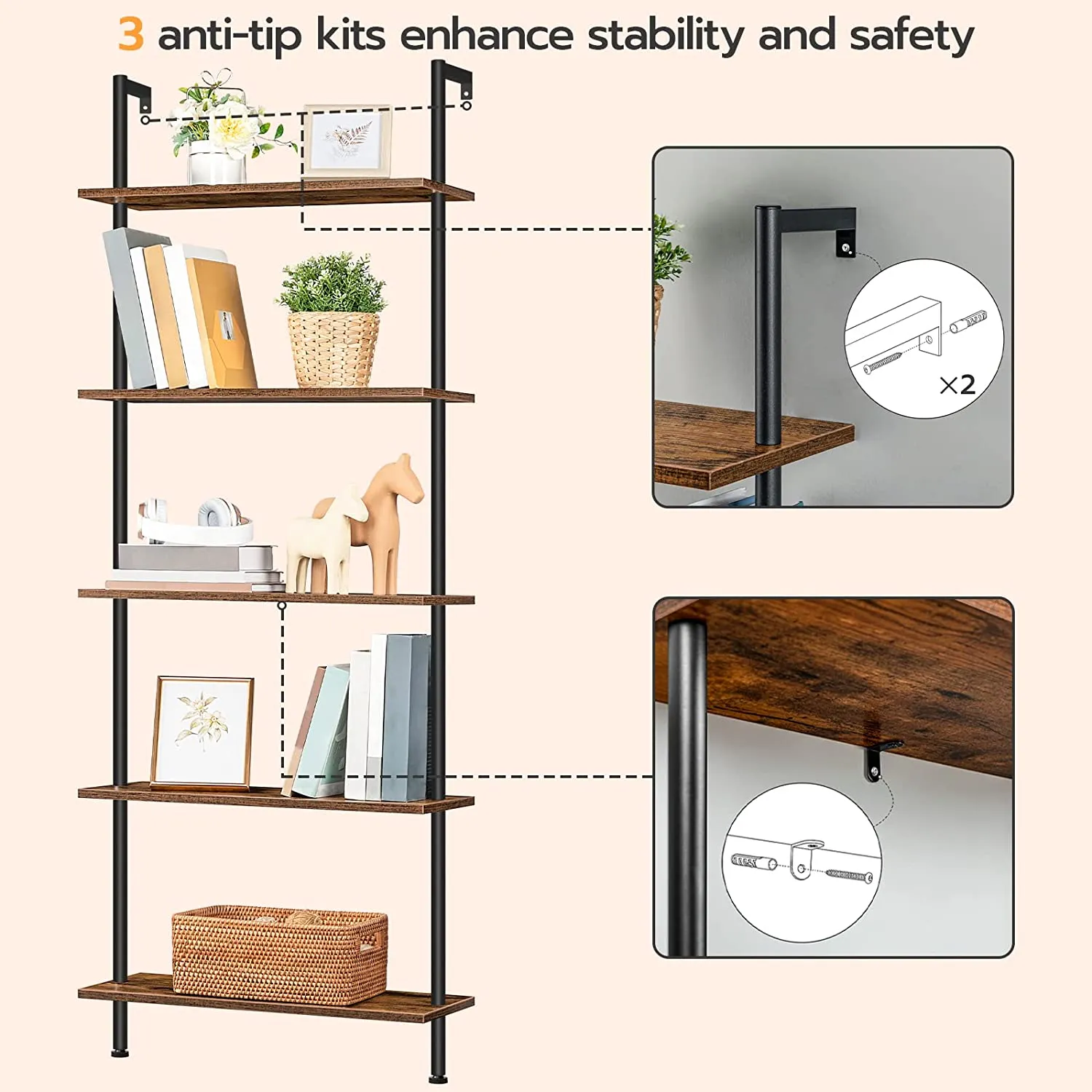 DIY Ladder Shelf, 5-Tier Wall Mounted Bookshelf, Office Vertical Bookcase, Wooden Storage Shelves