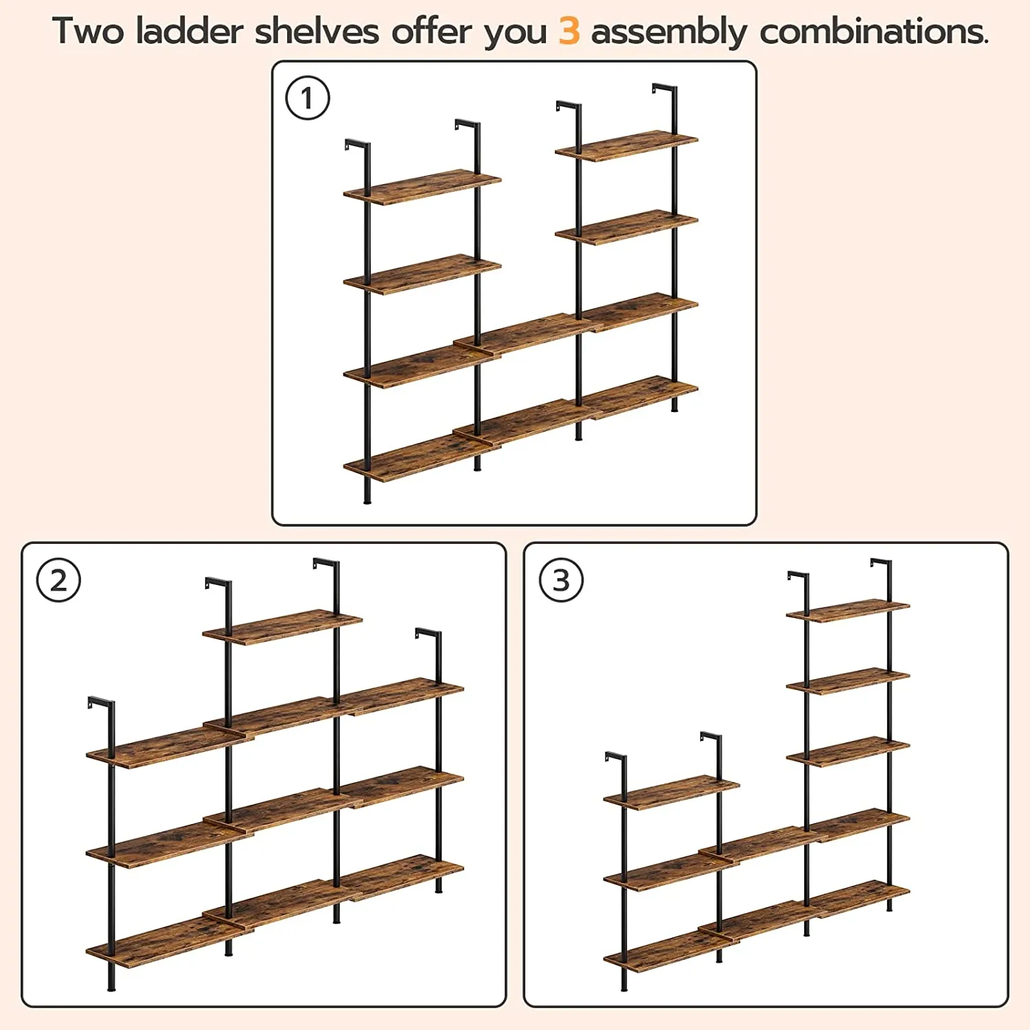 DIY Ladder Shelf, 5-Tier Wall Mounted Bookshelf, Office Vertical Bookcase, Wooden Storage Shelves