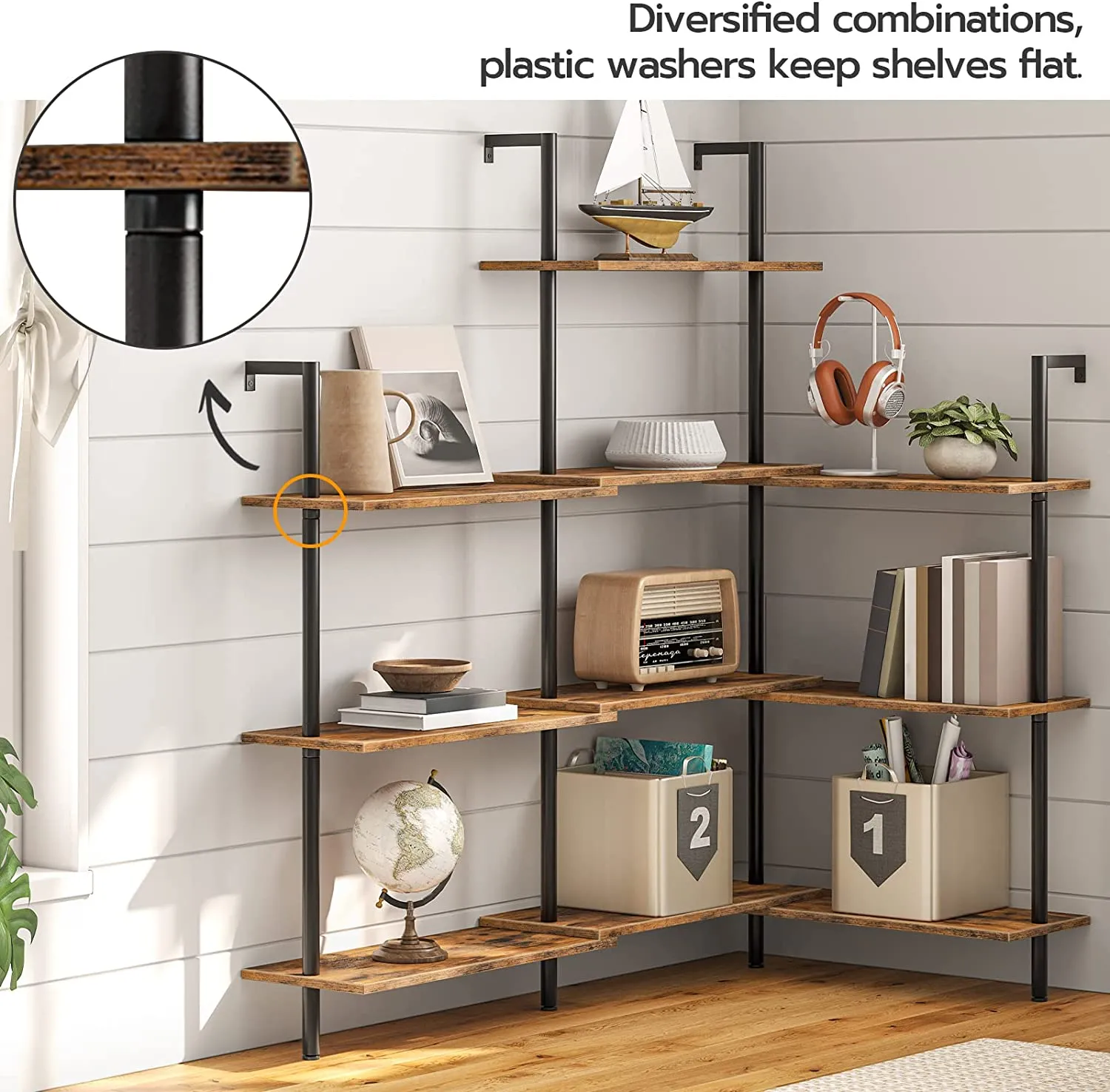 DIY Ladder Shelf, 5-Tier Wall Mounted Bookshelf, Office Vertical Bookcase, Wooden Storage Shelves