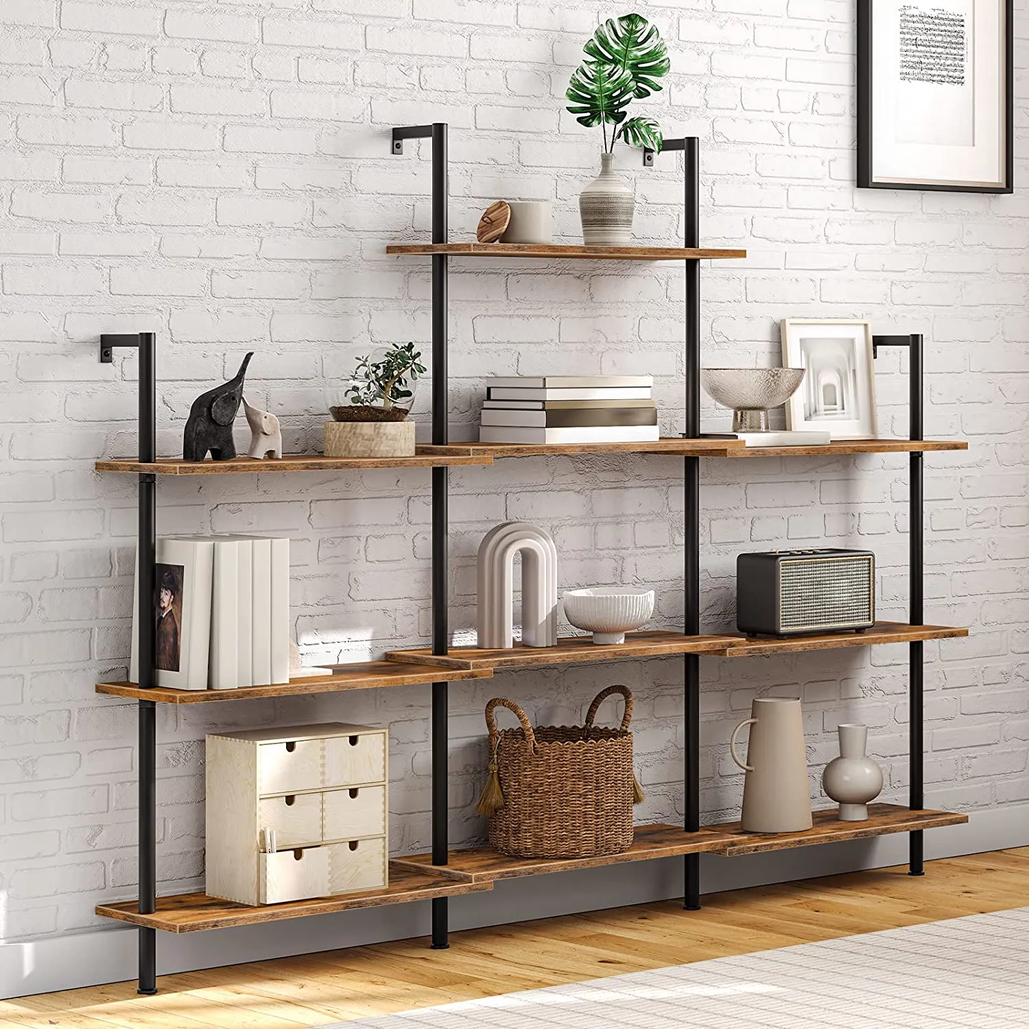 DIY Ladder Shelf, 5-Tier Wall Mounted Bookshelf, Office Vertical Bookcase, Wooden Storage Shelves