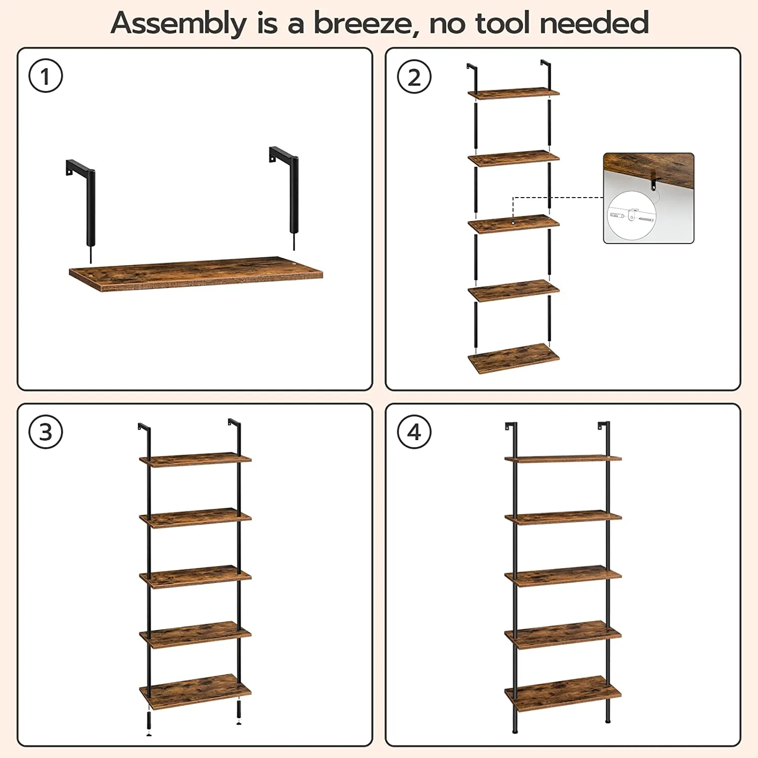 DIY Ladder Shelf, 5-Tier Wall Mounted Bookshelf, Office Vertical Bookcase, Wooden Storage Shelves