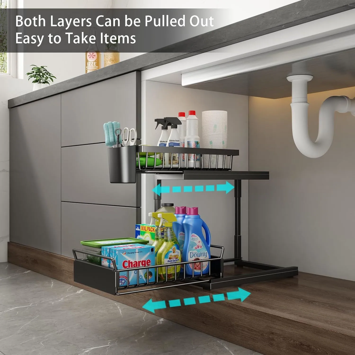 Double Sliding Metal Under Sink Organizer L Shape