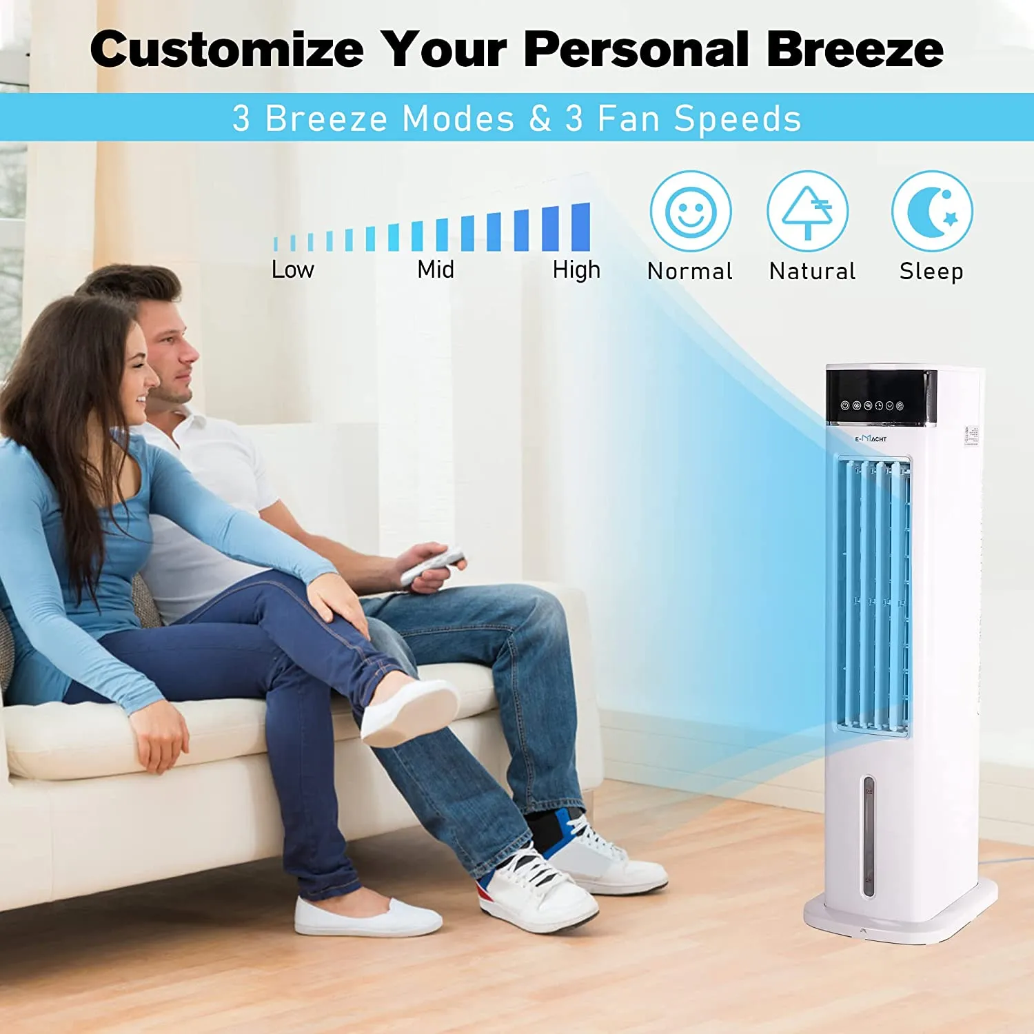 E-Macht 3-in-1 Evaporative Air Cooler Portable Bladeless Tower Fan Air Conditioners 3 Speeds & 3 Modes