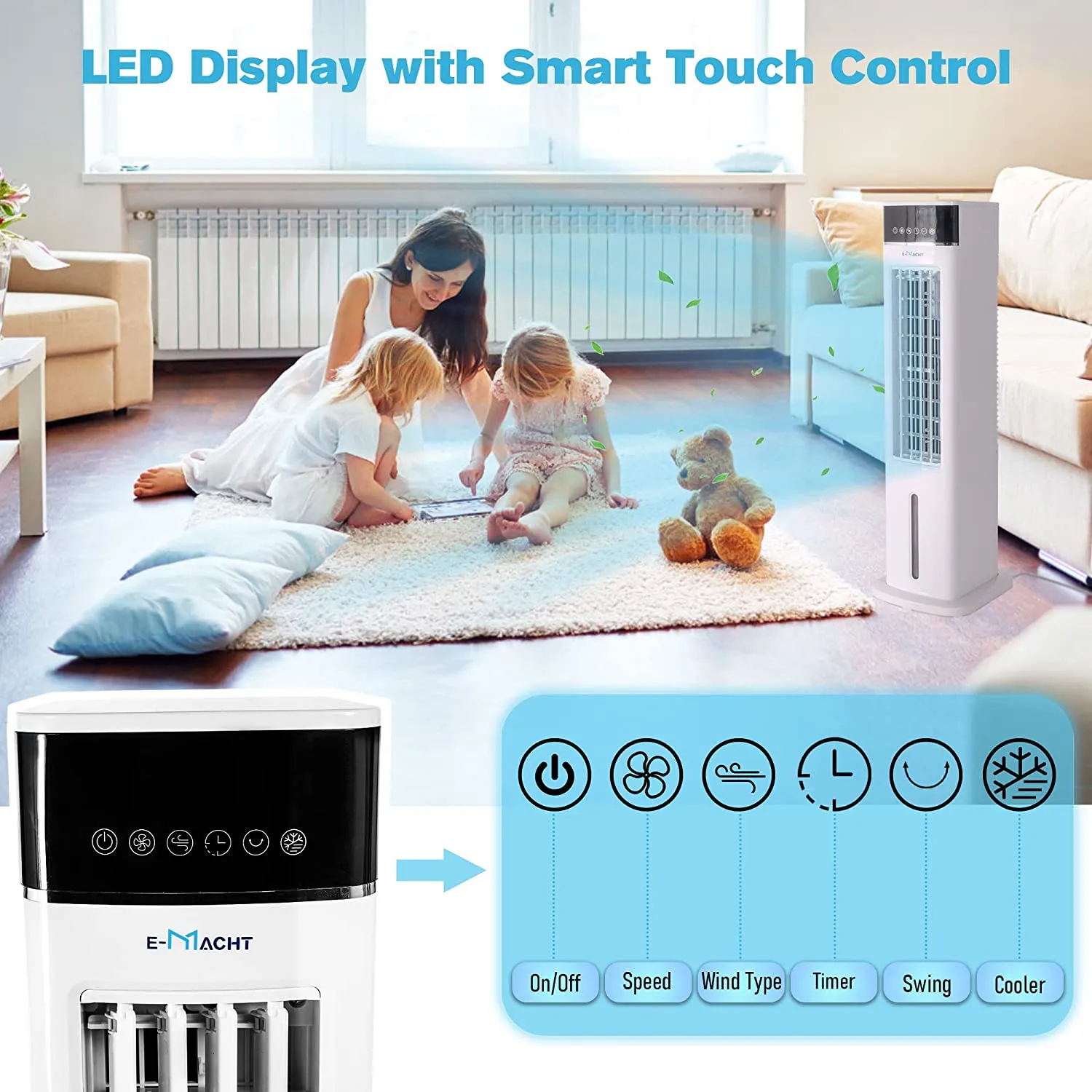 E-Macht 3-in-1 Evaporative Air Cooler Portable Bladeless Tower Fan Air Conditioners 3 Speeds & 3 Modes