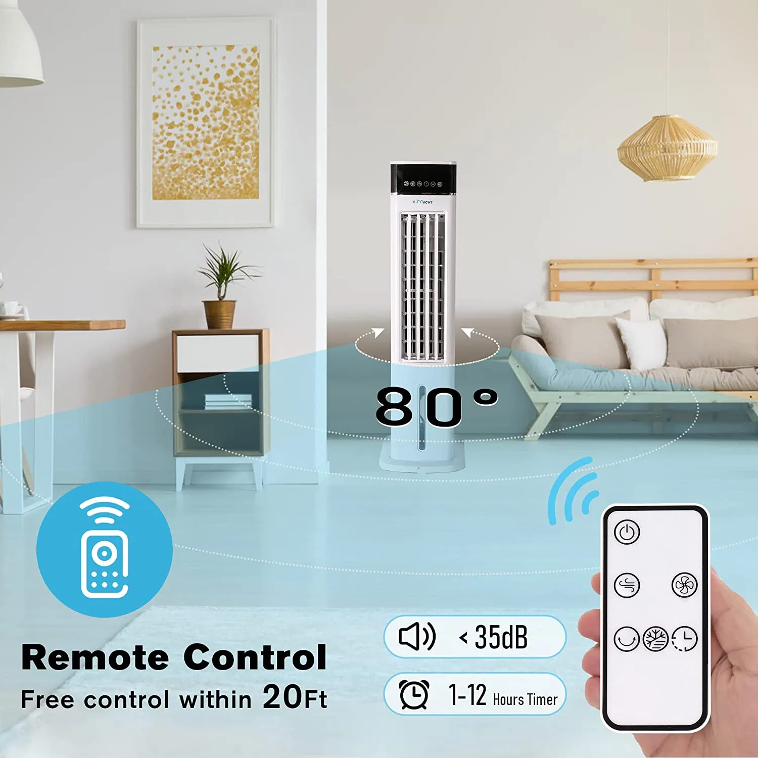E-Macht 3-in-1 Evaporative Air Cooler Portable Bladeless Tower Fan Air Conditioners 3 Speeds & 3 Modes