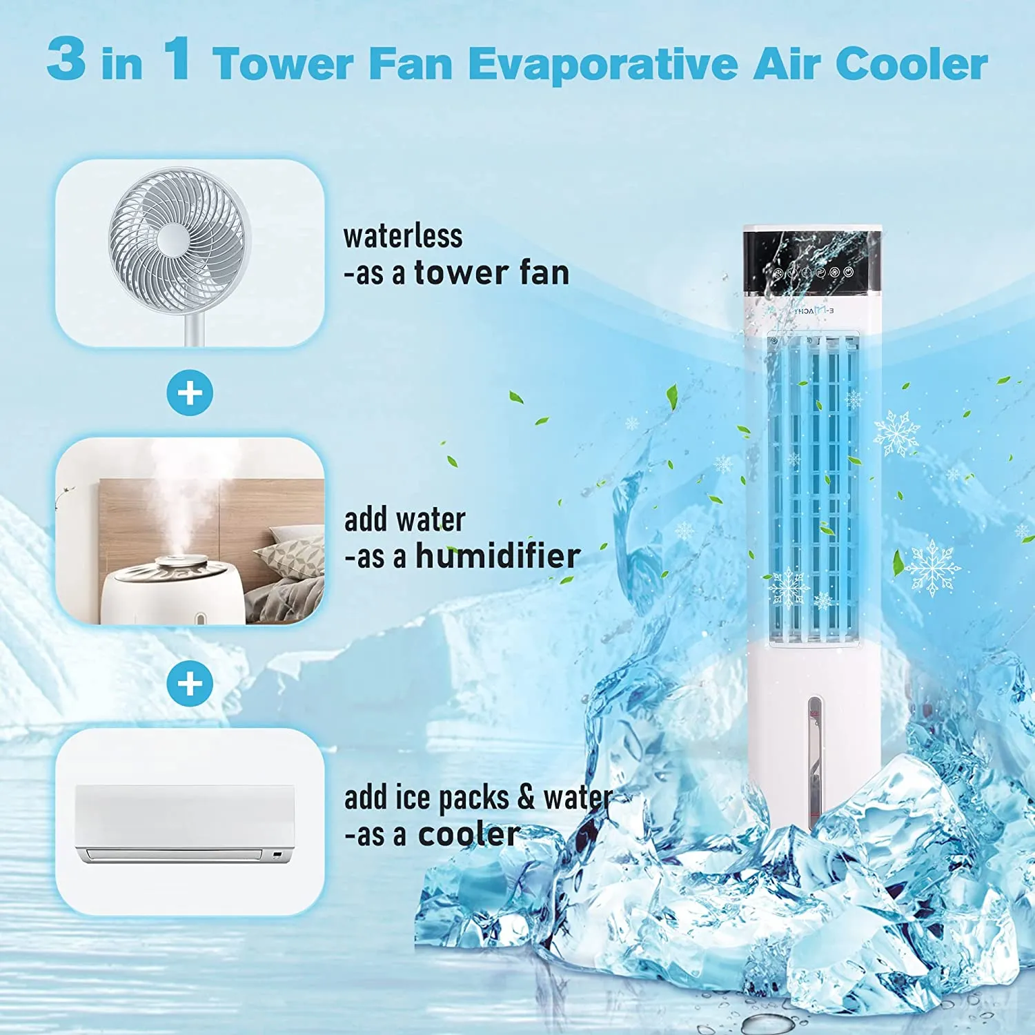 E-Macht 3-in-1 Evaporative Air Cooler Portable Bladeless Tower Fan Air Conditioners 3 Speeds & 3 Modes