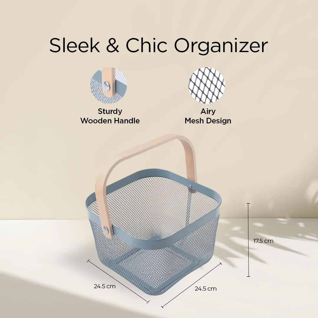 Ekhasa Metal Mesh Basket with Handle (26*25*18 cm, Blue) | Multi Use as Fruit Basket, Picnic Basket, Gift Basket, Pooja Basket, Temple Basket, Kitchen Organizer, Book Storage Basket, Shopping Basket
