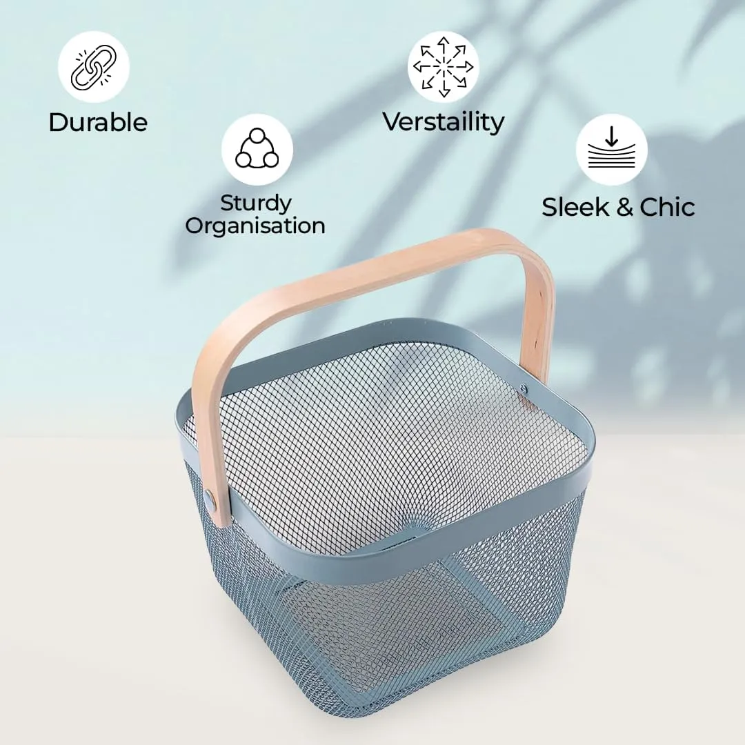 Ekhasa Metal Mesh Basket with Handle (26*25*18 cm, Blue) | Multi Use as Fruit Basket, Picnic Basket, Gift Basket, Pooja Basket, Temple Basket, Kitchen Organizer, Book Storage Basket, Shopping Basket