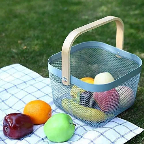Ekhasa Metal Mesh Basket with Handle (26*25*18 cm, Blue) | Multi Use as Fruit Basket, Picnic Basket, Gift Basket, Pooja Basket, Temple Basket, Kitchen Organizer, Book Storage Basket, Shopping Basket