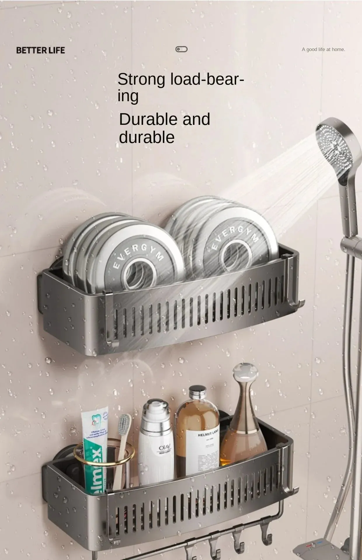 ELMAS Wall-Mounted Aluminum Shower Organizer - No Drill Storage