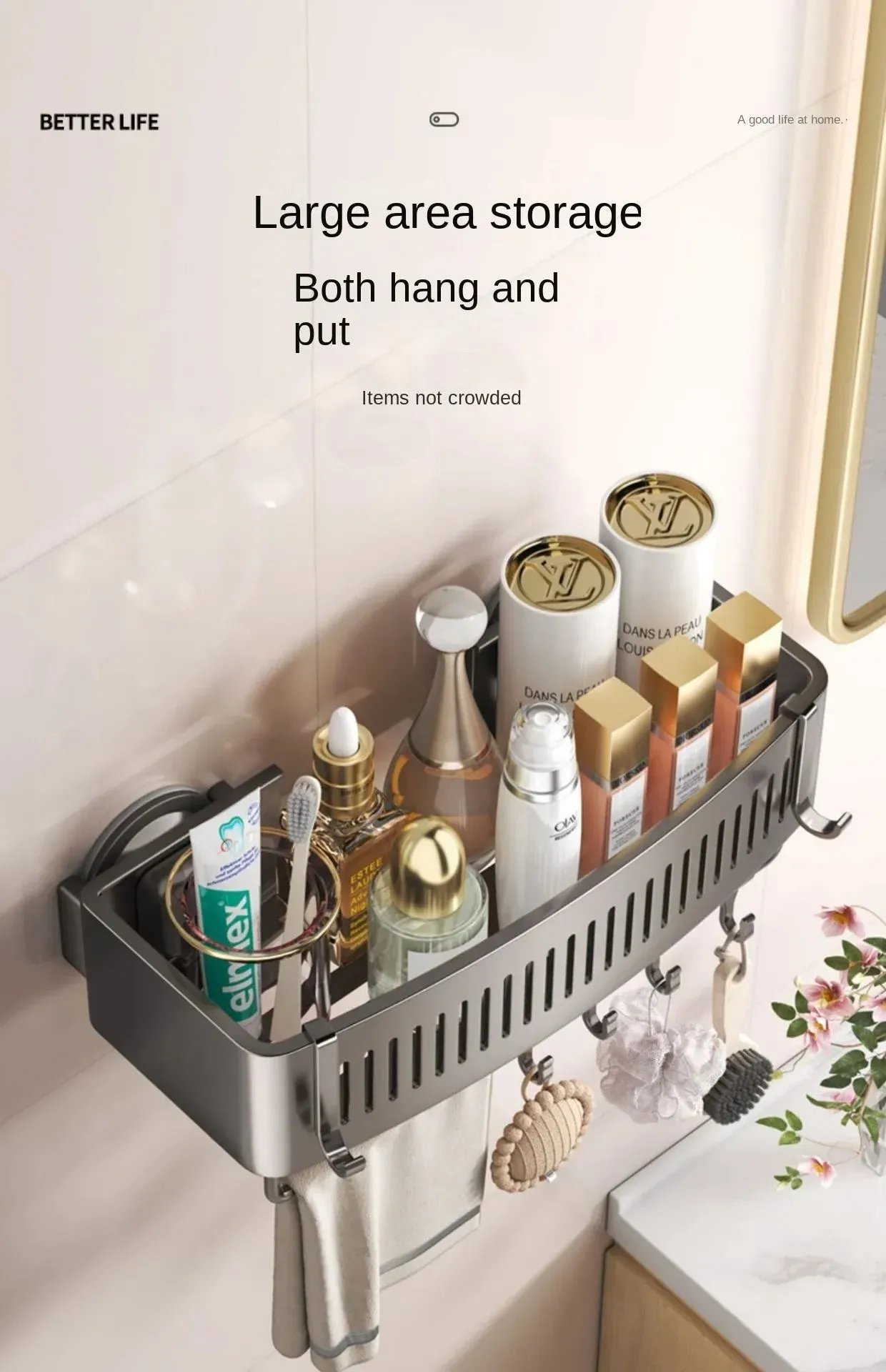 ELMAS Wall-Mounted Aluminum Shower Organizer - No Drill Storage