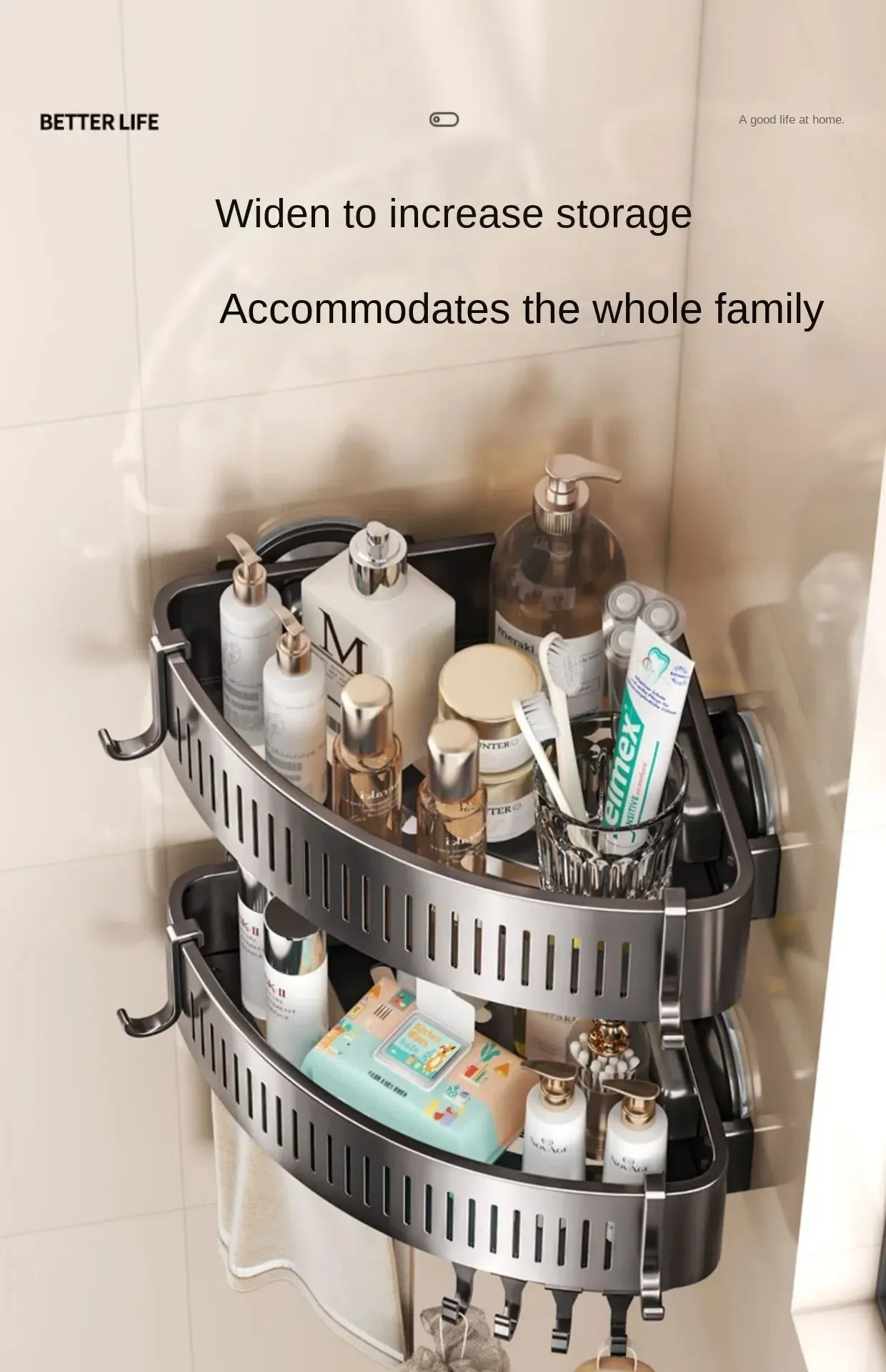 ELMAS Wall-Mounted Aluminum Shower Organizer - No Drill Storage