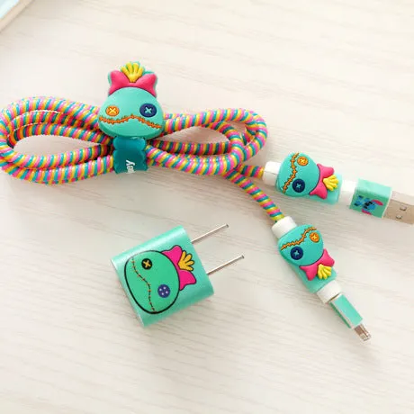 Good Gifts Lovely Cartoon USB Cable Earphone Protector Set with Cable Winder stickers Spiral Cord protector For iphone 5 6 6s 7