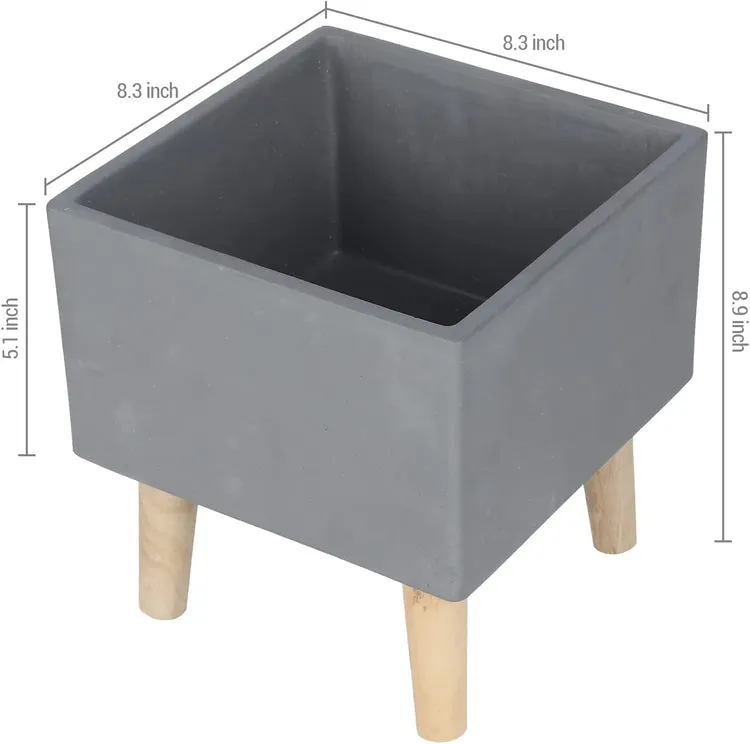 Gray Concrete House Plant Stand with Wood Legs, Square 8 Inch Freestanding Planter Flower Pot Display Rack