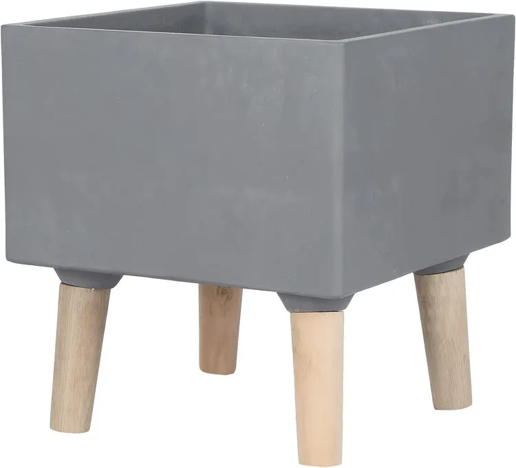 Gray Concrete House Plant Stand with Wood Legs, Square 8 Inch Freestanding Planter Flower Pot Display Rack