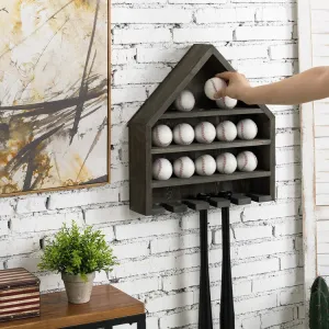 Gray Wood Home Plate-Shaped Wall Mounted Baseball and Bat Storage Display Shelf Rack