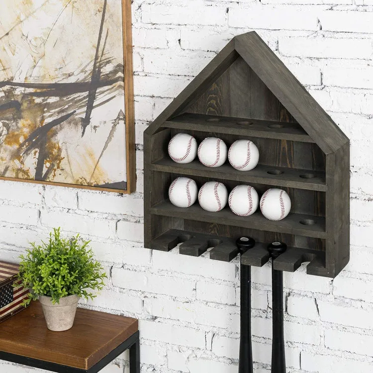 Gray Wood Home Plate-Shaped Wall Mounted Baseball and Bat Storage Display Shelf Rack