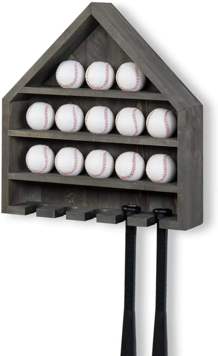 Gray Wood Home Plate-Shaped Wall Mounted Baseball and Bat Storage Display Shelf Rack