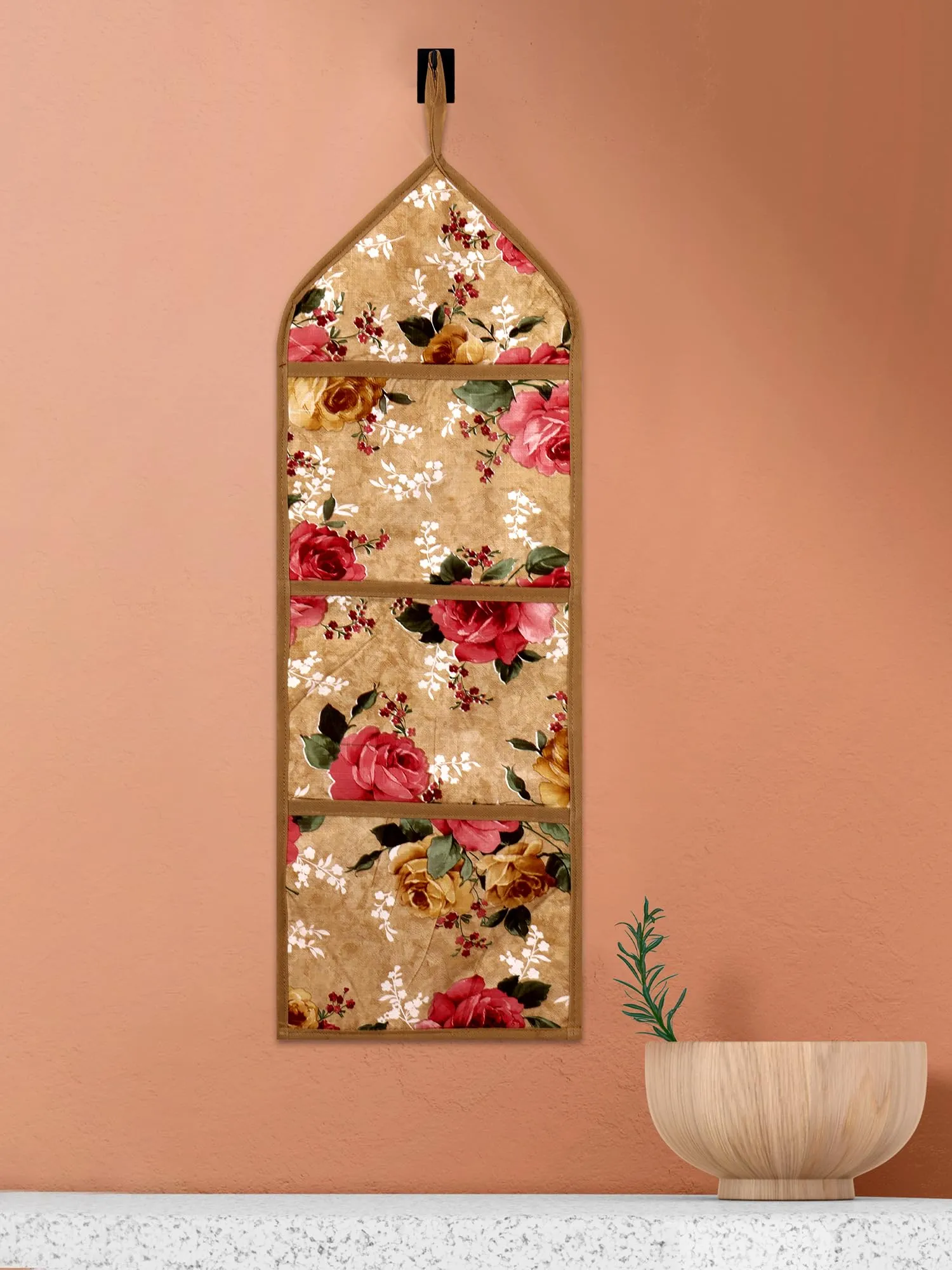 Heart Home Paper Holder | Foldable Hanging Organizer | PVC Flower Design Document Holder | Wall Hanging Organizer with 3 Pocket | Beige