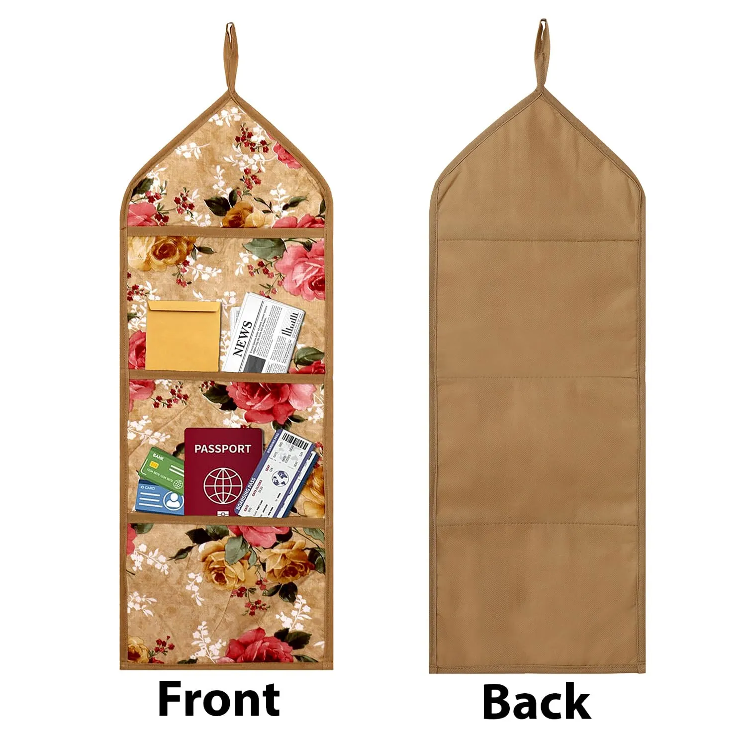 Heart Home Paper Holder | Foldable Hanging Organizer | PVC Flower Design Document Holder | Wall Hanging Organizer with 3 Pocket | Beige