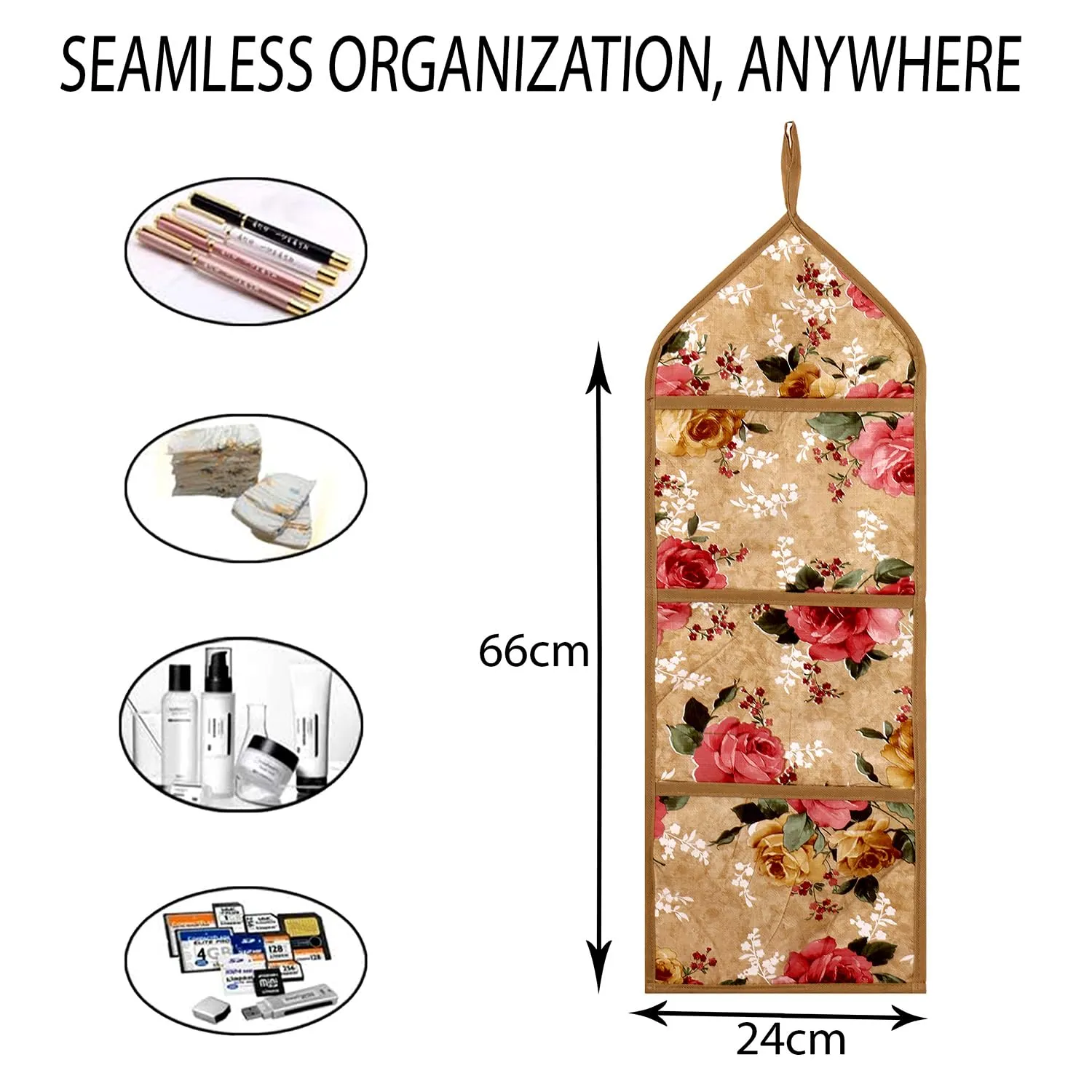 Heart Home Paper Holder | Foldable Hanging Organizer | PVC Flower Design Document Holder | Wall Hanging Organizer with 3 Pocket | Beige