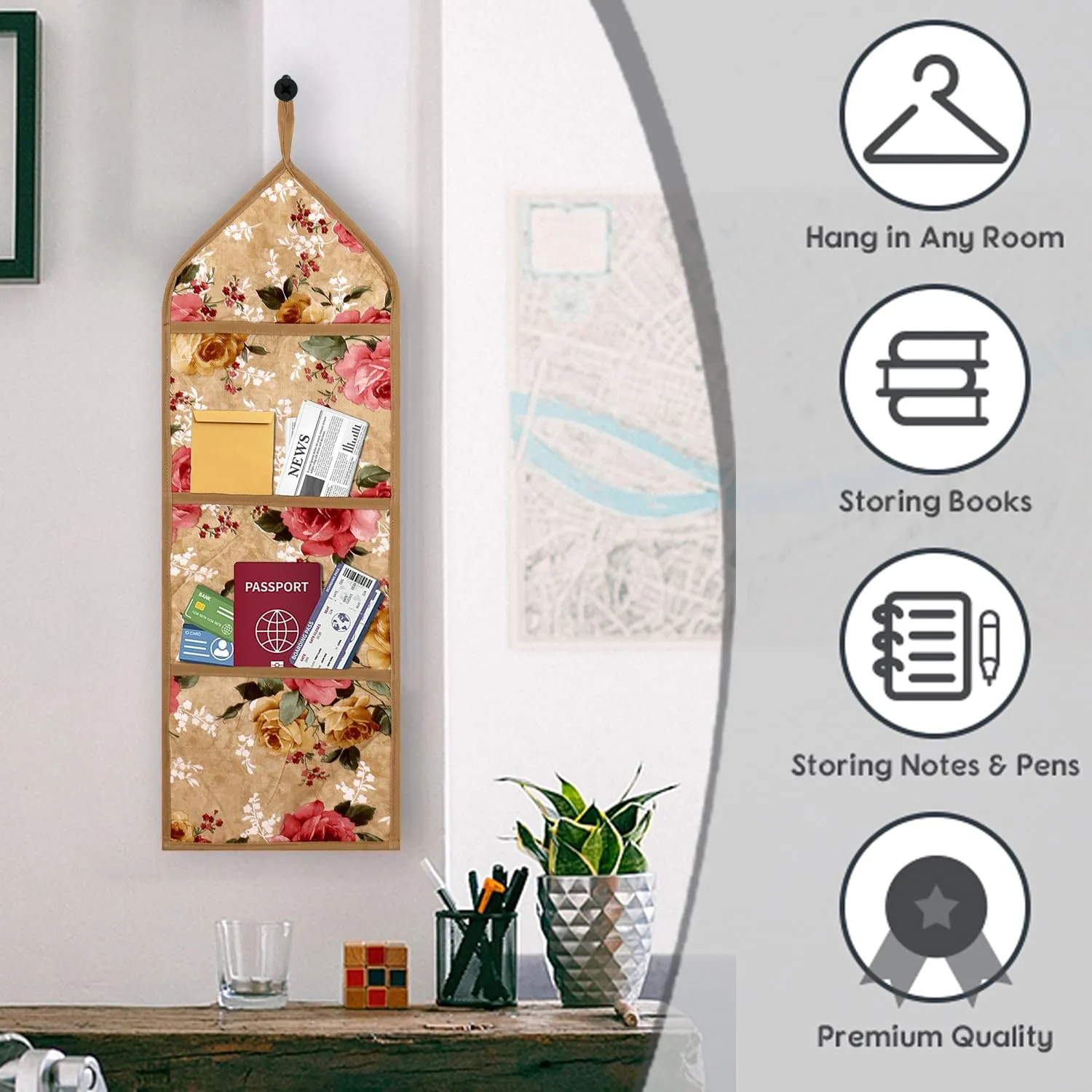 Heart Home Paper Holder | Foldable Hanging Organizer | PVC Flower Design Document Holder | Wall Hanging Organizer with 3 Pocket | Beige