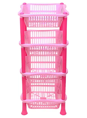 Heart Home Plastic 4-Tier Multi-Purpose Square Storage Basket, Organizer, Shelf Rack (Pink)-50HH01717
