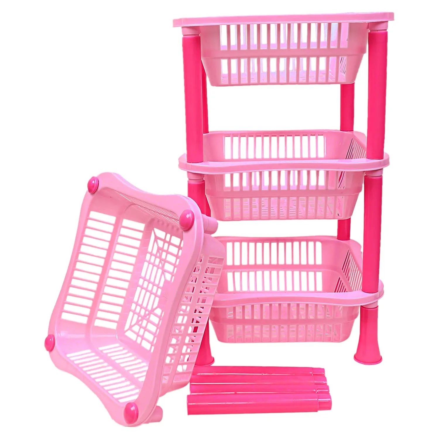 Heart Home Plastic 4-Tier Multi-Purpose Square Storage Basket, Organizer, Shelf Rack (Pink)-50HH01717